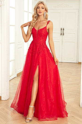 Spaghettiträger Rotes Tüll-Ballkleid mit Applikationen und Schlitz