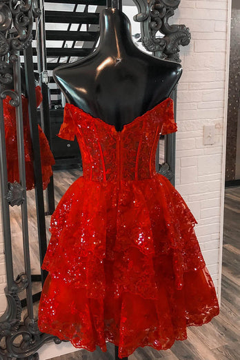 Glitzer Rotes Korsett Schulterfreies Spitzen Cocktailkleid