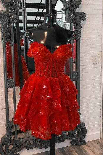 Glitzer Rotes Korsett Schulterfreies Spitzen Cocktailkleid