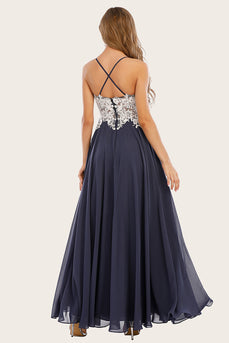 Grau Blaues Lange Chiffon Ballkleid mit Spitze