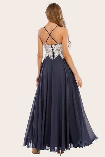 Grau Blaues Lange Chiffon Ballkleid mit Spitze