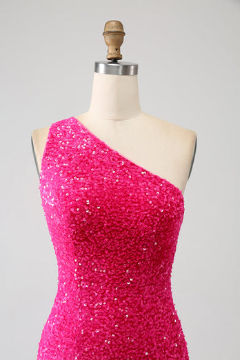 Glitzernde Meerjungfrau Eine Schulter Fuchsia Pailletten Langes Ballkleid mit Schlitz