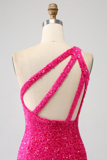 Glitzernde Meerjungfrau Eine Schulter Fuchsia Pailletten Langes Ballkleid mit Schlitz