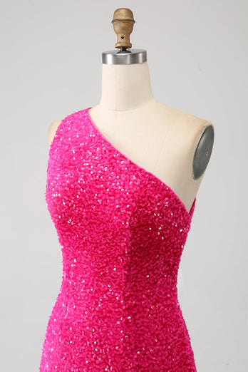 Glitzernde Meerjungfrau Eine Schulter Fuchsia Pailletten Langes Ballkleid mit Schlitz