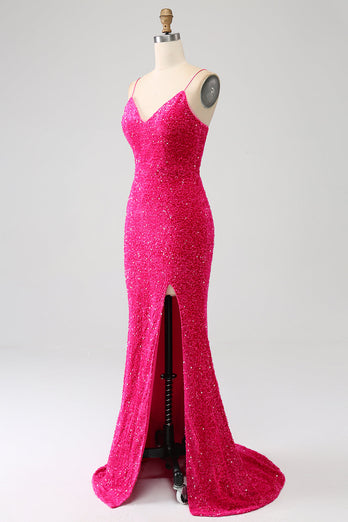 Fuchsia Meerjungfrau Spaghettiträger V-Ausschnitt Pailletten Ballkleid mit Schlitz