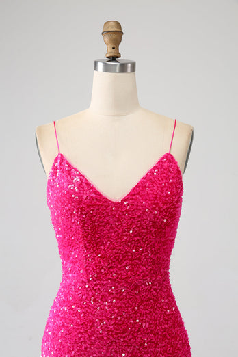 Fuchsia Meerjungfrau Spaghettiträger V-Ausschnitt Pailletten Ballkleid mit Schlitz