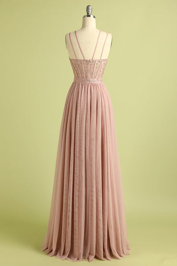 Rosa Spaghettiträger Ballkleid mit Schlitz