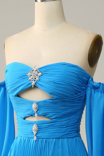 A Linie Schulterfreies Blaues Langes Ballkleid mit Perlen