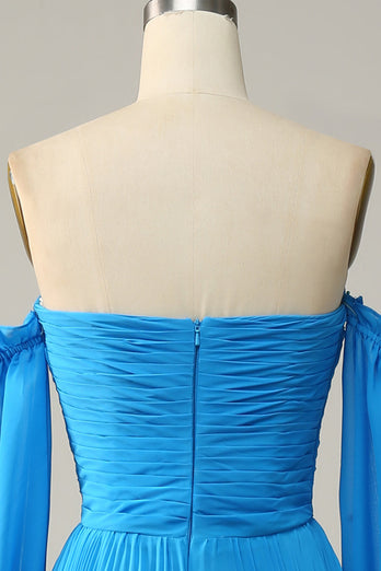 A Linie Schulterfreies Blaues Langes Ballkleid mit Perlen