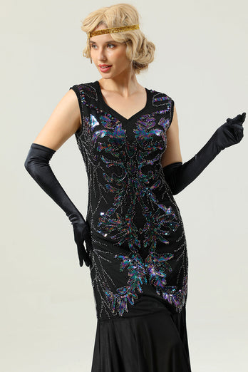 Schwarze lange Pailletten 1920er Jahre Partykleid