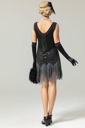 Schwarze 1920er Jahre Pailletten Flapper Kleid