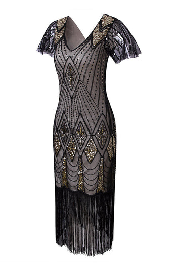 Schwarz & Gold Pailletten 1920er Jahre Flapper Kleid