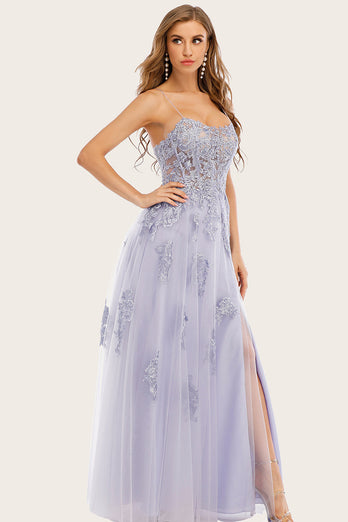 Lavendel Tüll Lange Abendkleid mit Spitze