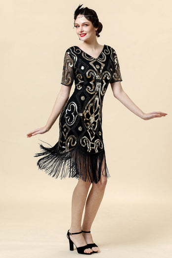 1920er Jahre Schwarzes Pailletten-Flapper-Kleid