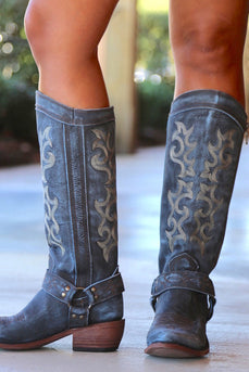 Blau bestickte Cowgirl Boho Mid Calf Stiefel