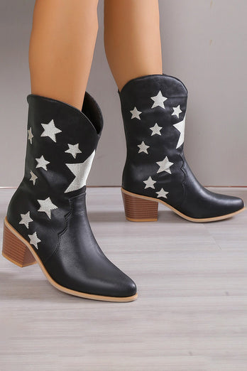 Sterne Schwarze Westernstiefel mit kleinem Absatz und spitzer Zehenpartie