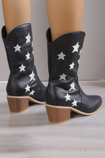 Sterne Schwarze Westernstiefel mit kleinem Absatz und spitzer Zehenpartie