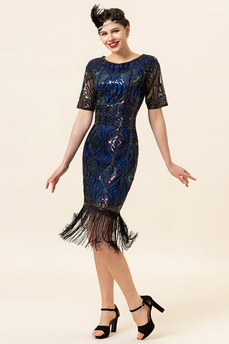 Blaue Pailletten Fransen Gatsby 1920er Jahre Kleid mit Ärmeln