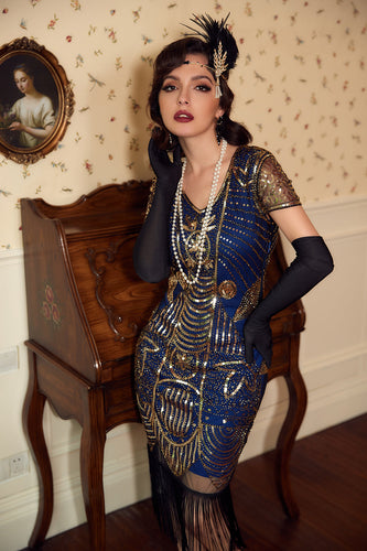 V-Ausschnitt Blaue Pailletten 1920 Kleid mit Quaste