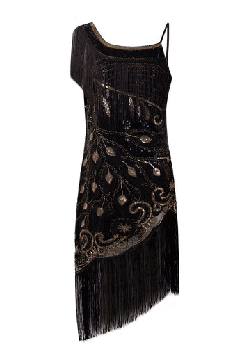 Schwarzes One-Shoulder-Kleid aus den 1920er Jahren mit Fransen