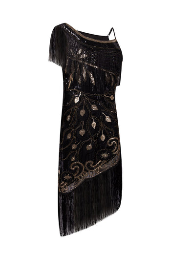 Schwarzes One-Shoulder-Kleid aus den 1920er Jahren mit Fransen