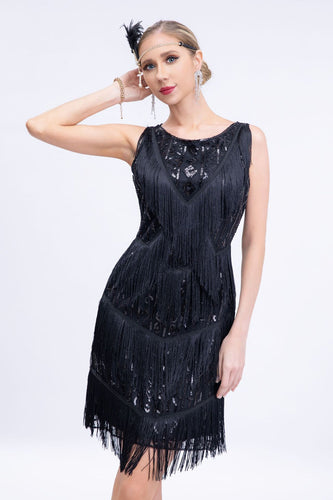 Schwarze Pailletten Gatsby Fransen Flapper Kleid