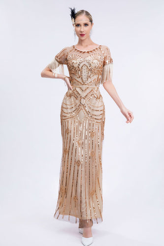 Langes Gatsby-Kleid mit Fransen und Flapper mit Champagnerperlen