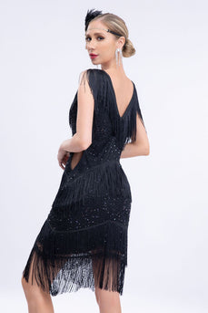 V-Ausschnitt Schwarz Perlen Roaring 20s Gatsby Fransen Flapper Kleid