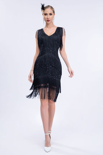 V-Ausschnitt Schwarz Perlen Roaring 20s Gatsby Fransen Flapper Kleid