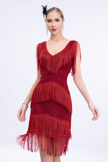 V-Ausschnitt Schwarz Perlen Roaring 20s Gatsby Fransen Flapper Kleid