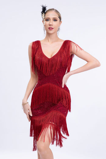 V-Ausschnitt Schwarz Perlen Roaring 20s Gatsby Fransen Flapper Kleid