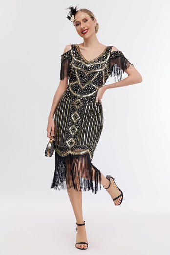 Schwarz-goldenes 1920er Jahre Gatsby-Kleid mit kalten Schulterfransen