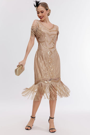 Schwarz-goldenes 1920er Jahre Gatsby-Kleid mit kalten Schulterfransen