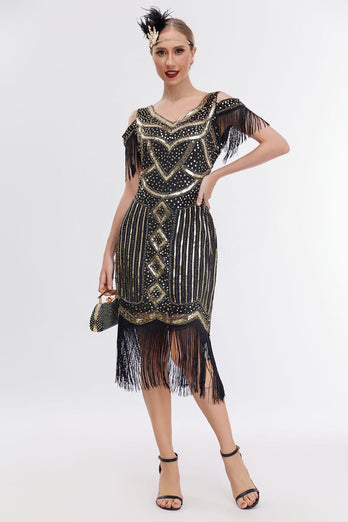 Schwarz-goldenes 1920er Jahre Gatsby-Kleid mit kalten Schulterfransen