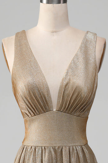 Glitzer Goldenes Ballkleid mit V-Ausschnitt und Schlitz