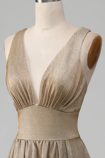 Glitzer Goldenes Ballkleid mit V-Ausschnitt und Schlitz