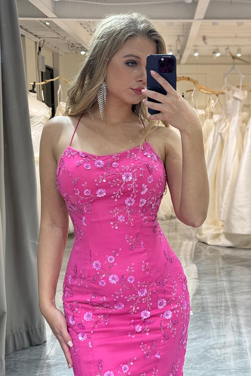 Laden Sie das Bild in den Galerie-Viewer, Rosa Meerjungfrau Rückenfreies Langes Ballkleid mit Applikationen