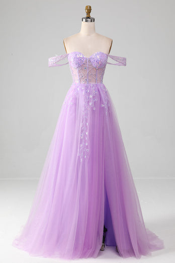 Lavendel A Line Tüll Schulterfreies Ballkleid mit Schlitz