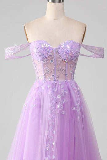 Lavendel A Line Tüll Schulterfreies Ballkleid mit Schlitz