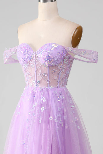 Lavendel A Line Tüll Schulterfreies Ballkleid mit Schlitz