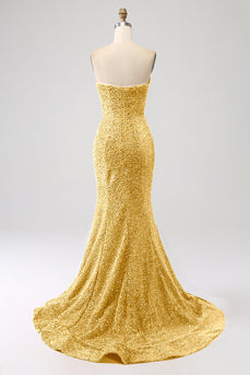 Golden Mermaid Sweetheart Sweep Train Abschlussballkleid mit Pailletten