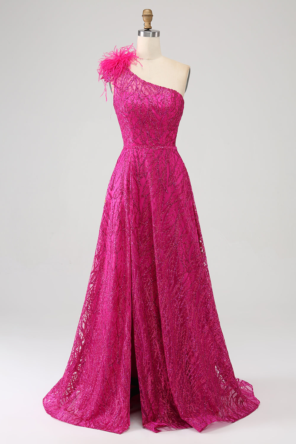 Fuchsia A-Linien Pailletten Ballkleid mit Schlitz