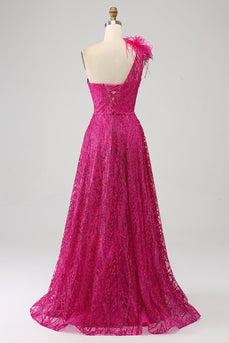 Fuchsia A-Linien Pailletten Ballkleid mit Schlitz