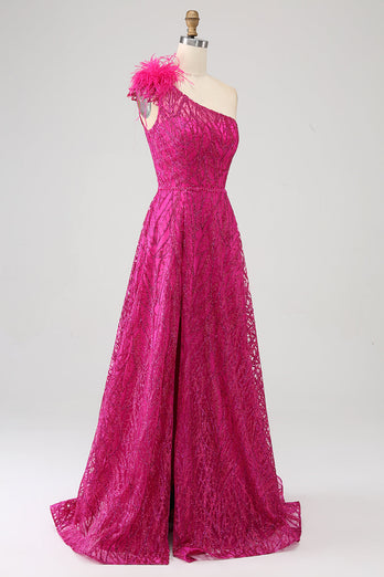 Fuchsia A-Linien Pailletten Ballkleid mit Schlitz