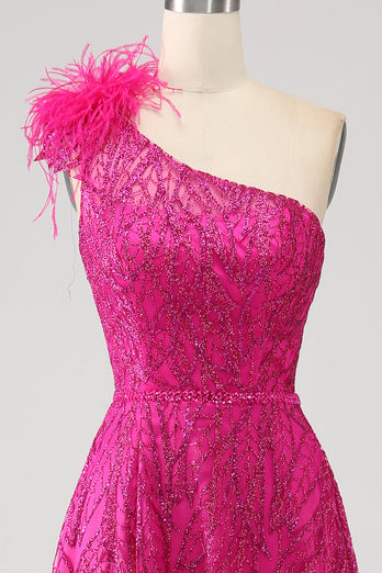 Fuchsia A-Linien Pailletten Ballkleid mit Schlitz