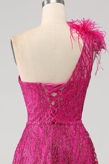 Fuchsia A-Linien Pailletten Ballkleid mit Schlitz