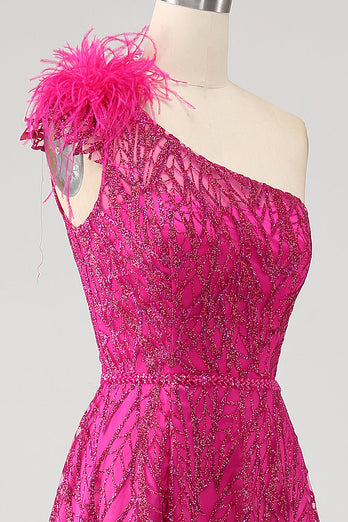 Fuchsia A-Linien Pailletten Ballkleid mit Schlitz