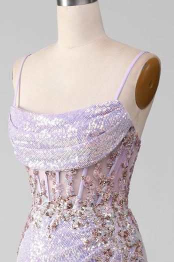 Fliederfarbenes Glitzerndes Spaghettiträger Meerjungfrauen Ballkleid mit Schlitz