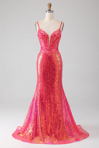 Glitzernde Meerjungfrau Fuchsia Ballkleid mit Pailletten