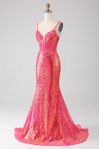 Glitzernde Meerjungfrau Fuchsia Ballkleid mit Pailletten